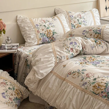 Vintage French Florals 100% Cotton Bed Skirt Duvet Cover Bedding Set